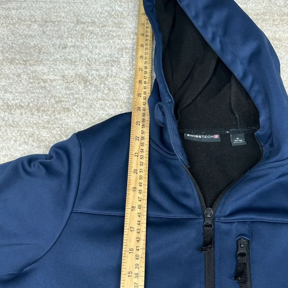 Swiss tech Jacket Youth XL Navy Hooded Fleece Lined Softshell Full Zip Pockets